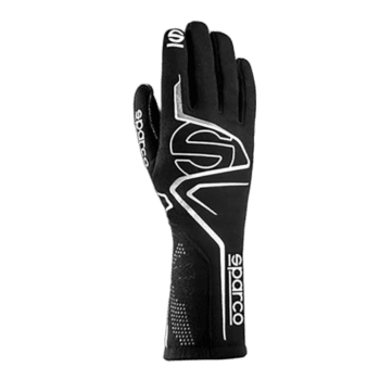 Black Sparco racing glove with white and grey accents, designed for motorsport safety and performance.