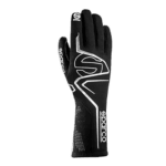 Black Sparco racing glove with white and grey accents, designed for motorsport safety and performance.