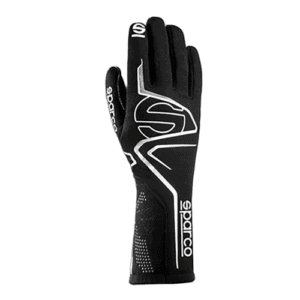 Black Sparco racing glove with white and grey accents, designed for motorsport safety and performance.