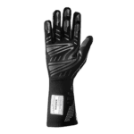 Black racing glove with grey and white accents, designed for motorsport safety and performance, displayed against a black background.
