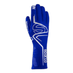Blue Sparco racing glove with white logo and design, ideal for motorsport safety and performance.