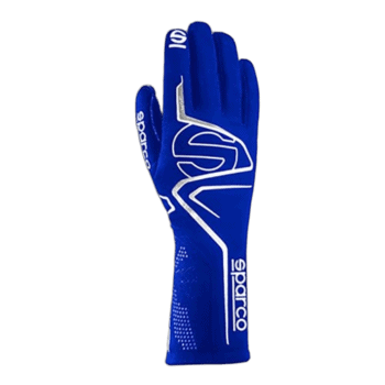Blue Sparco racing glove with white logo and design, ideal for motorsport safety and performance.
