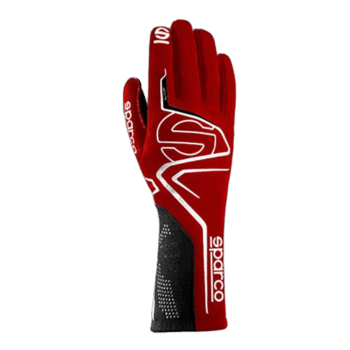 Red Sparco racing glove with white and black accents, designed for motorsport safety and performance.