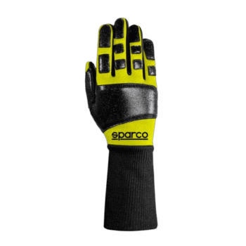 Sparco racing glove in black and yellow with grip pads, designed for motorsport safety and performance.