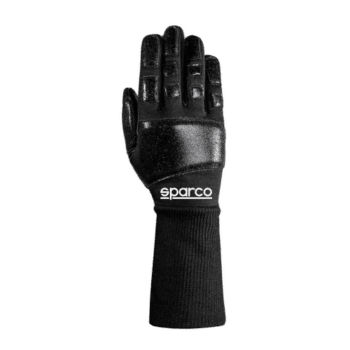 Black Sparco racing glove with grip pads, designed for motorsport safety and performance, featuring the Sparco logo on the wrist strap.