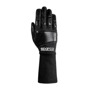 Black Sparco racing glove with grip pads, designed for motorsport safety and performance.