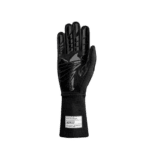 Black racing glove with protective padding and grip details, designed for motorsport safety and performance.
