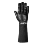 Sparco racing glove designed for motorsport safety and grip, featuring a black textured surface and extended cuff for wrist protection.