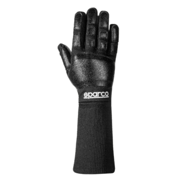 Sparco racing glove designed for motorsport safety and grip, featuring a black textured surface and extended cuff for wrist protection.