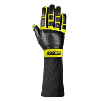 Sparco racing glove with black and yellow design, featuring protective padding and grip enhancements for motorsport safety.