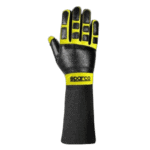 Sparco racing glove with black and yellow design, featuring protective padding and grip for motorsport racing.