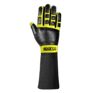 Sparco racing glove with black and yellow design, featuring protective padding and grip for motorsport racing.