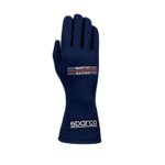 Sparco racing glove in navy blue with Martin Racing and Sparco logos, designed for motorsport safety and performance.
