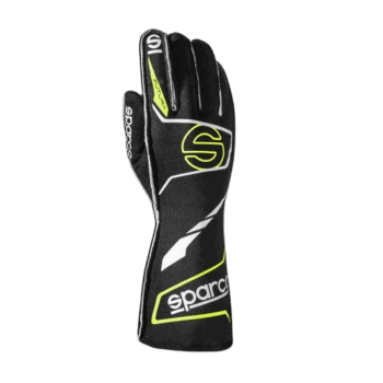 Sparco racing glove in black with yellow and white accents, designed for motorsport safety and performance.