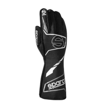 Black Sparco racing glove with white and grey accents, designed for motorsport safety and performance.