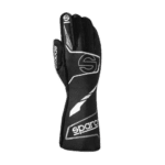 Black Sparco racing glove with white and grey accents, designed for motorsport safety and performance.