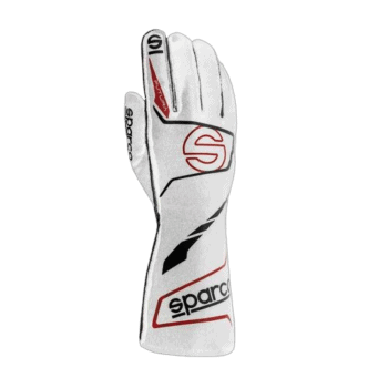 White Sparco racing glove with red and black accents, designed for motorsport safety and performance.