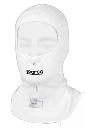 White racing balaclava by Grand Prix Racewear with breathable fabric and Sparco branding, designed for motorsport safety and comfort.