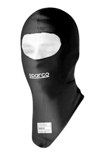 Black Sparco racing balaclava with white eye openings, designed for motorsport safety and comfort.