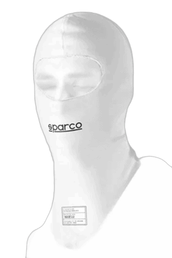 White racing balaclava by Sparco designed for motorsport safety and comfort, featuring a sleek fit and breathable fabric.
