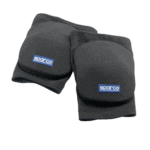 Pair of black Sparco racing knee pads with blue logo for motorsport safety gear.