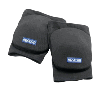 Pair of black Sparco racing knee pads with blue logo for motorsport safety gear.