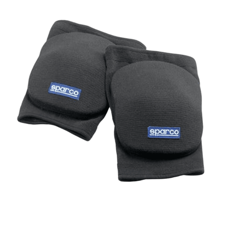 Pair of black Sparco racing knee pads with blue logo for motorsport safety gear.