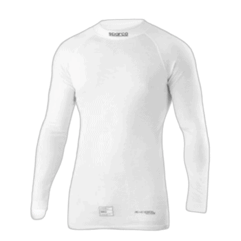 White Grand Prix Racewear long-sleeve racing shirt with Sparco logo, designed for motorsport safety and performance.