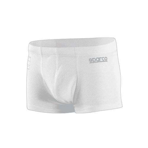 White Sparco racing underwear designed for motorsport drivers, featuring breathable fabric and a comfortable fit.