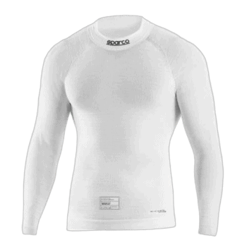 White Sparco racing undershirt designed for motorsport drivers, featuring moisture-wicking fabric and a comfortable fit.