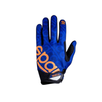 Blue racing glove with orange branding from Grand Prix Racewear, designed for motorsport enthusiasts and professional drivers.