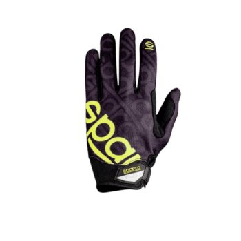 Sparco racing glove with black and yellow design, featuring the Sparco logo and detailed grip surface for motorsport safety and performance.