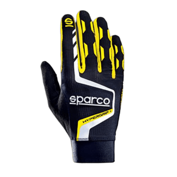 Sparco Hypergrip racing glove in black, yellow, and white with branding, designed for motorsport safety and performance.
