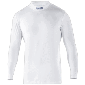 White long-sleeve racing shirt from Grand Prix Racewear with Sparco logo on collar, designed for motorsport enthusiasts and racers.