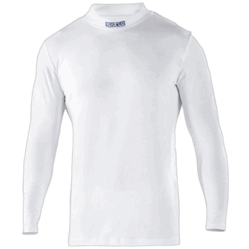 White long-sleeve racing shirt from Grand Prix Racewear with Sparco logo on collar, designed for motorsport enthusiasts and racers.