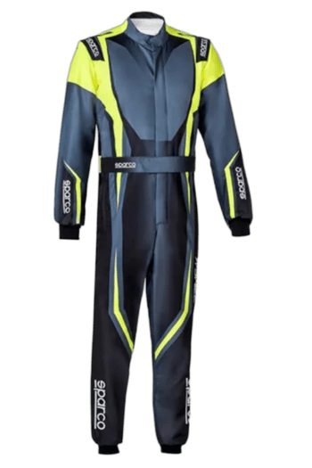 Grand Prix Racewear racing suit in navy blue with neon yellow accents, designed for motorsport safety and performance.