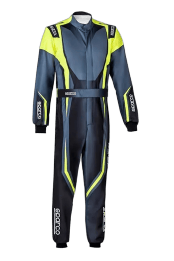 Grand Prix Racewear racing suit in navy blue with neon yellow accents, designed for motorsport drivers, featuring Sparco branding and a secure fit for high-performance racing.