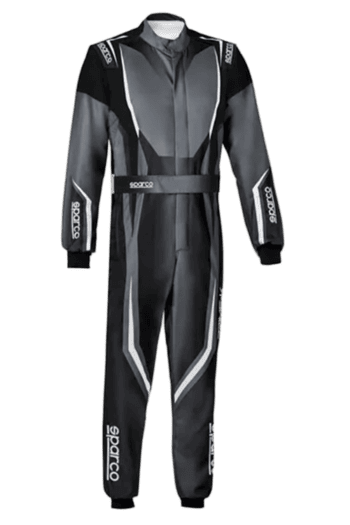 Grand Prix Racewear racing suit by Sparco, designed for motorsport safety and performance, featuring black, grey, and white colours with branding details.