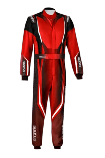 Red and black Grand Prix racing suit by Sparco with white accents, designed for professional motorsport drivers.