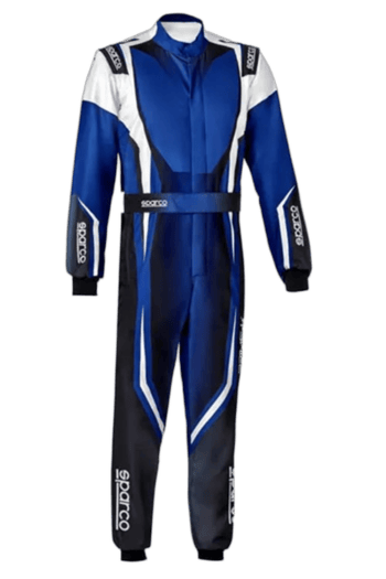 Grand Prix Racewear racing suit in blue, black, and white with Sparco branding, designed for motorsport safety and performance.