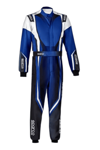 Blue and black racing suit by Grand Prix Racewear with Sparco branding, designed for motorsport safety and performance.