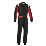 Grand Prix Racewear racing suit in black and red with white accents, designed for motorsport safety and performance.