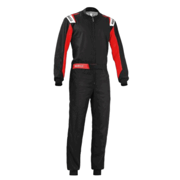 Grand Prix Racewear racing suit in black and red with white accents, designed for motorsport safety and performance.