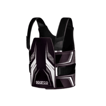 Black and white Sparco racing vest with reflective accents, designed for motorsport safety and visibility.