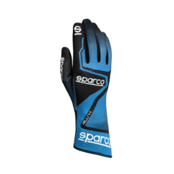 Blue and black Sparco racing glove with white logo, designed for motorsport safety and performance.