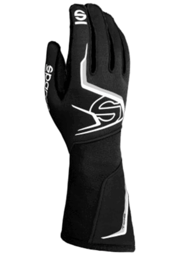 Black and white Grand Prix Racewear racing glove with protective padding and grip details for motorsport drivers.