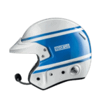 Blue and white Sparco racing helmet with aerodynamic design for motorsport safety and performance.
