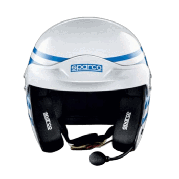 White Grand Prix racing helmet with blue accents and Sparco branding, designed for motorsport safety and performance.