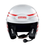 White racing helmet with red accents and Sparco branding, designed for motorsport safety and performance.