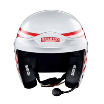 White racing helmet with red accents and Sparco branding, designed for motorsport safety and performance.